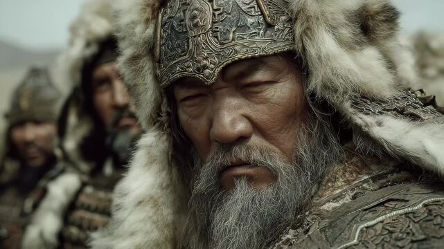 Mongolian warrior intense gaze ancient helmet fur, 4k video footage