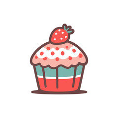 Colorful cupcake topped with a strawberry, set against a plain white background, ideal for desserts