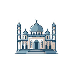 Detailed illustration of a grand mosque featuring multiple domes and minarets, set against a clear sky