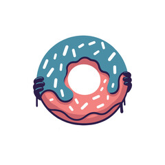 Colorful donut being held with playful icing and sprinkles against a simple background