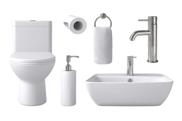 Fototapeta premium a collection of bathroom accessories, including a toilet, sink, and faucet, isolated on a white background with a clipping path.