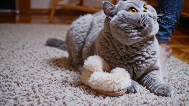 Feline of the British Shorthair Breed Exhibiting Playful Behavior by Inserting its Paws into its Owner's Domestic Footwear, Creating Endearing and Amusing Domestic Scene