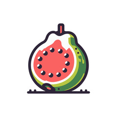 Colorful illustration of a guava fruit with vibrant pink flesh and green skin, isolated