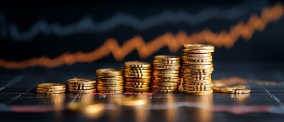 golden coins forming ascending line on financial chart
