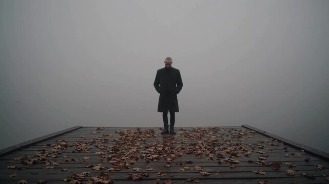 Depressed Man Standing Alone on Jetty During Foggy Autumn Day