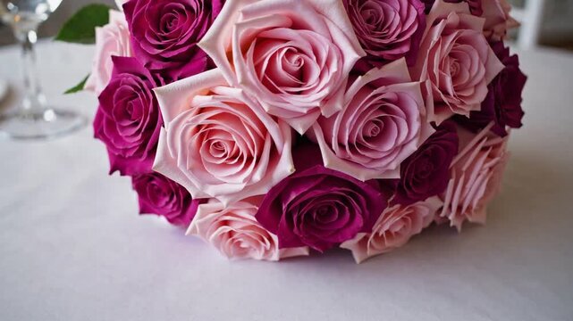 Intimate Floral Arrangement Featuring Bouquet of Blossoming Pink Rose Flowers on Table