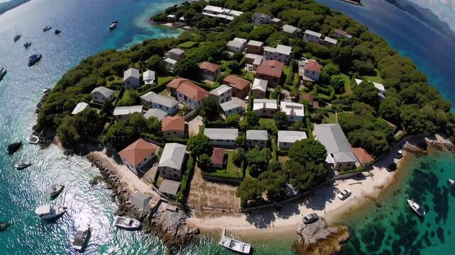 Elevated unmanned aircraft perspective of isle encircled by transparent aquatic body during high temperature radiant day