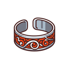 Ornate silver bracelet with intricate red patterns displayed on a clean background