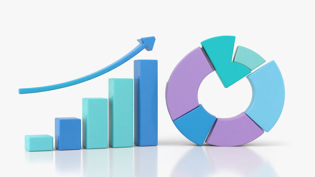 Growing Bar Graph and Pie Chart in Blue and Purple Hues