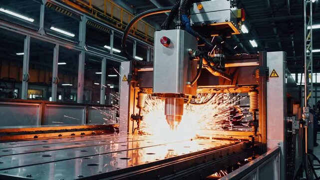 Mechanized automated apparatus. Industrial beam tool incising components from flat metal stock. Thermal energy. Pyrotechnic emissions during factory equipment operation
