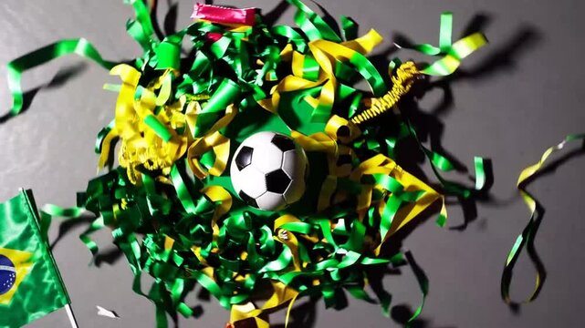 Elevated perspective of football and celebratory items in green and gold hues