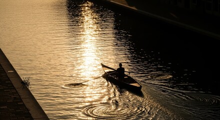 Silhouette of person rowing boat on golden canal at sunset