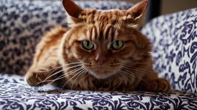 Hostile Feline with Orange Fur Perched on Couch and Vocalizing Aggressively with Wide Open Mouth, Shot Vertically