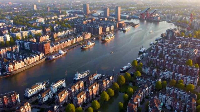 Elevated perspective of Netherlands municipality with dwelling district and waterways