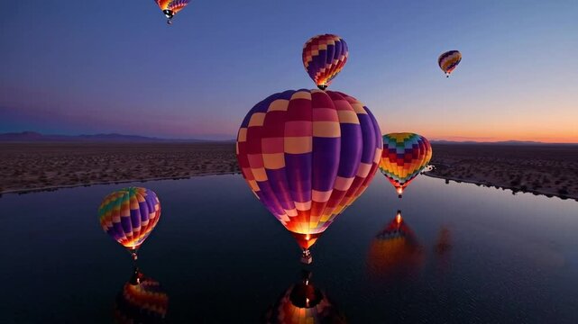 Desert Sunset Landscape Backdrop with Hot Air Balloons Drifting Above Body of Water and Ethereal Celestial Spheres Lit by the Evening Sun Floating Above Expansive Lake