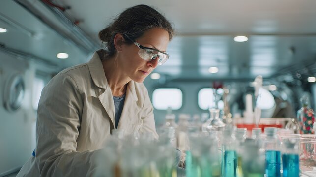 A female scientist, caucasian in a lab coat and safety goggles, analyzing water samples in a mobile ocean lab. Minimalist interior with glass vials, digital instruments, and soft lighting