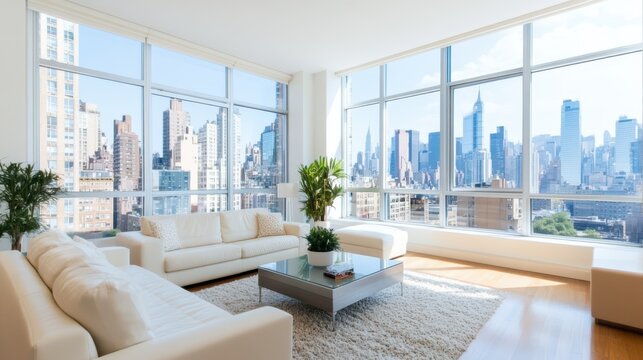 Luxurious living room with a breathtaking view of the new york city skyline. - Powered by Adobe