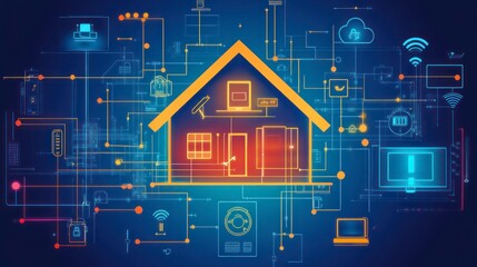 Smart home technology, interconnected devices, and digital network.