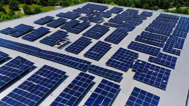 Overhead perspective of -voltaic sun energy modules mounted upon industrial facility structure