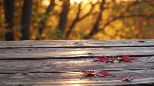 seasonal autumnal backdrop featuring unoccupied rustic table, soft out-of-focus golden highlights, and descending foliage from maple trees, intended for culinary or food presentation boards rustic ex