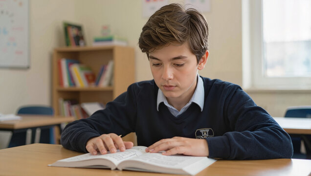 Schoolboy reading book at classroom desk