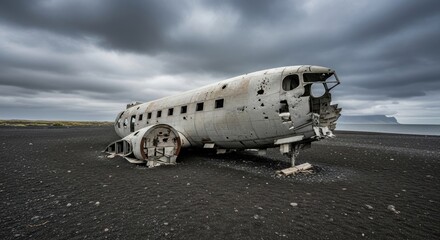 Abandoned aircraft on black sand beach under cloudy skies