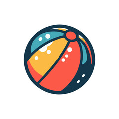 Vibrant beach ball with bright colors, resting on a sandy shore under a clear blue sky