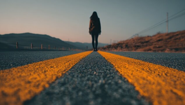 A solitary figure walks down a road, heading toward the distant mountains