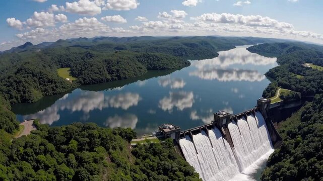 Overhead Perspective of Massive Hydroelectric Power Generation Facility Situated on Major South American River