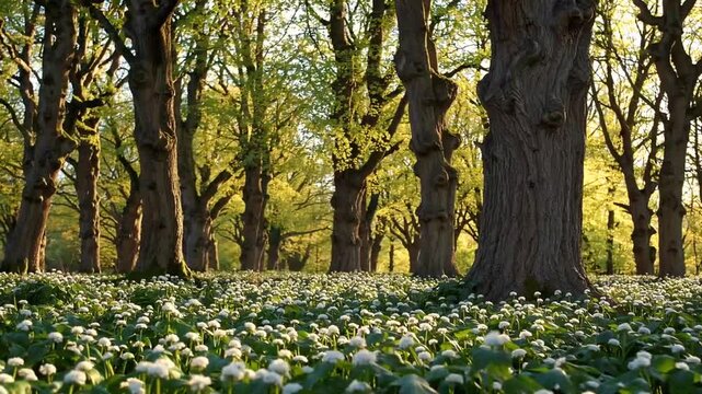 primeval forest during the springtime exhibiting dense ground covering of naturally growing blossoms, with light emanating from behind