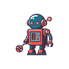Colorful retro robot character holding a toy, set against a simple white background