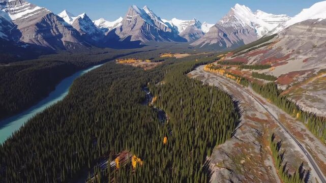 overhead perspective of the renowned scenic roadway connecting two national parks in the Canadian Rockies