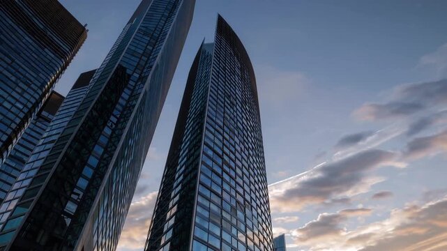 Low Perspective View of Towering Glass Exterior Modern High-Rise Buildings