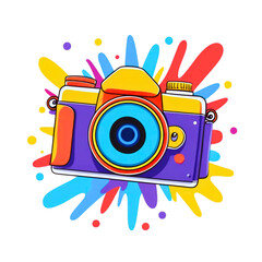 Vibrant retro camera illustration with colorful splash effect vector graphic