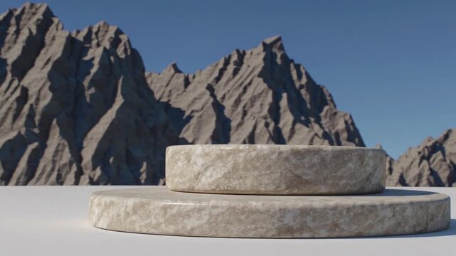 Computer-Generated Summer Environment with Stone Display Platform Against Mountainous Backdrop and Clear Sky for Advertising