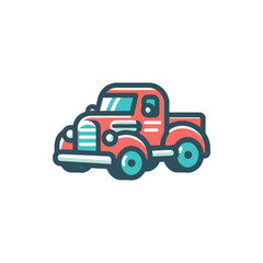 Fototapeta premium Vintage red truck illustration parked on a street with a clear blue sky in the background