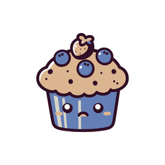Cute cartoon blueberry muffin with a sad expression, featuring blueberries on top, isolated