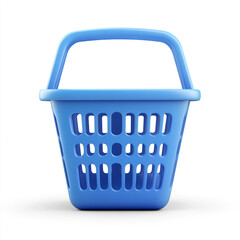 Fototapeta premium A 3D image of blue plastic shopping basket with a single handle is centered on a white background, featuring a simple, clean design with rectangular cutouts.
