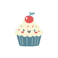 Cute cartoon cupcake with a cherry and sprinkles, set against a plain white background