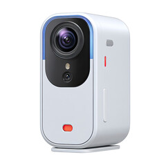 Obraz premium Compact, light-gray camera with dual lenses, subtle accents of blue and red