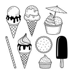 Black and White Hand Drawn Ice Cream Cones Popsicle and Cookie Illustrations frozen treat
