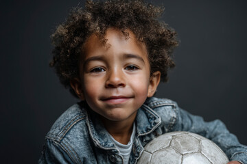 Portrait of smiling boy holding soccer ball.