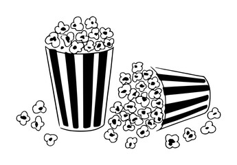 Black and White Illustration of Popcorn Buckets and Scattered Kernels movie cinema