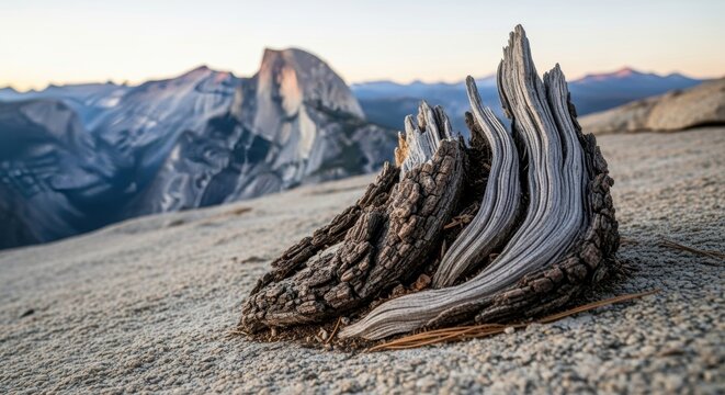 Striking driftwood with half dome in background at yosemite national park
