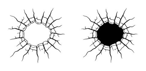 Cracked Hole Opening Line Art and Silhouette broken damaged
