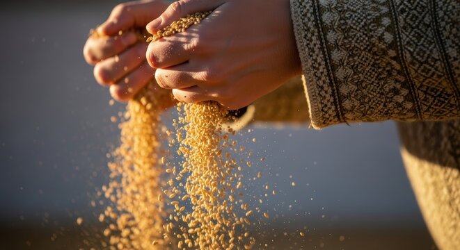 Hands sifting through wheat grains in sunlight