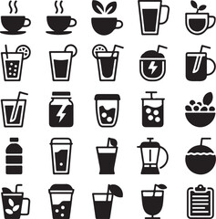 Collection of black and white icons for hot and cold beverages and drinks coffee cup hot beverage