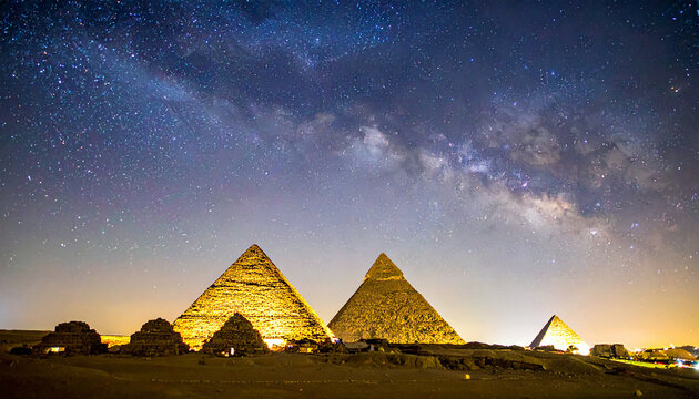 Egyptian pyramids illuminated by soft golden lights, standing tall under vast starry night sky.