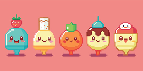 Naklejka premium Pixel Art. Kawaii. Dessert. A cute 8-bit vector set of five happy dessert and candy characters for a retro video game, a social media sticker, or a fun children's t-shirt design.