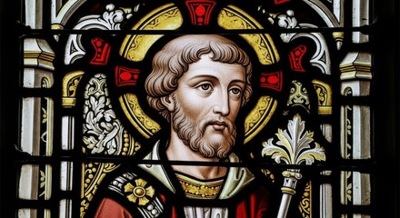 Stained glass depiction of saint with staff and halo in red and gold design